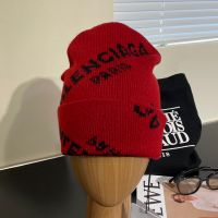 Balenciaga Allover Logo Paris Knitted Hat In Red