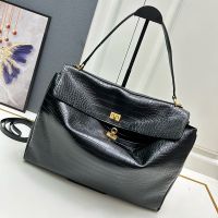 Balenciaga Large Rodeo Handbag In Crocodile Embossed Calfskin Black