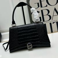 Balenciaga Medium Hourglass Hinge Handbag In Crocodile Embossed Calfskin Black/Silver