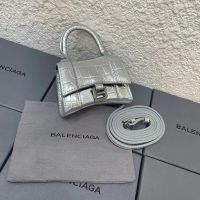 Balenciaga Mini Hourglass Handbag In Crocodile Embossed Leather Silver