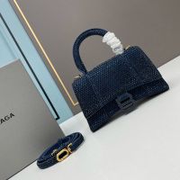 Balenciaga XS Hourglass Handbag with Crystals In Calfskin Navy Blue
