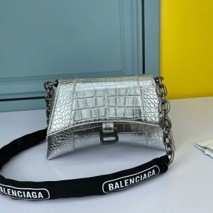 Balenciaga XS Downtown Shoulder Bag with Chain Crocodile Embossed In Silver