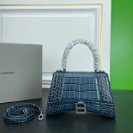 Balenciaga Hourglass Handbag Crocodile Embossed In Navy Blue/Silver