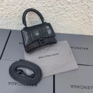 Balenciaga Mini Hourglass Handbag Crocodile Embossed Leather In Black