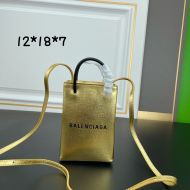 Balenciaga Mini Shopping Phone Holder Saffiano Calfskin In Gold