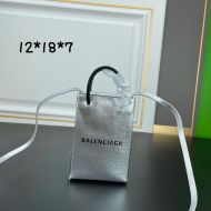 Balenciaga Mini Shopping Phone Holder Saffiano Calfskin In Silver