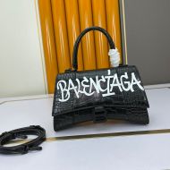 Balenciaga Small Hourglass Handbag Graffiti Crocodile Embossed Leather In Black